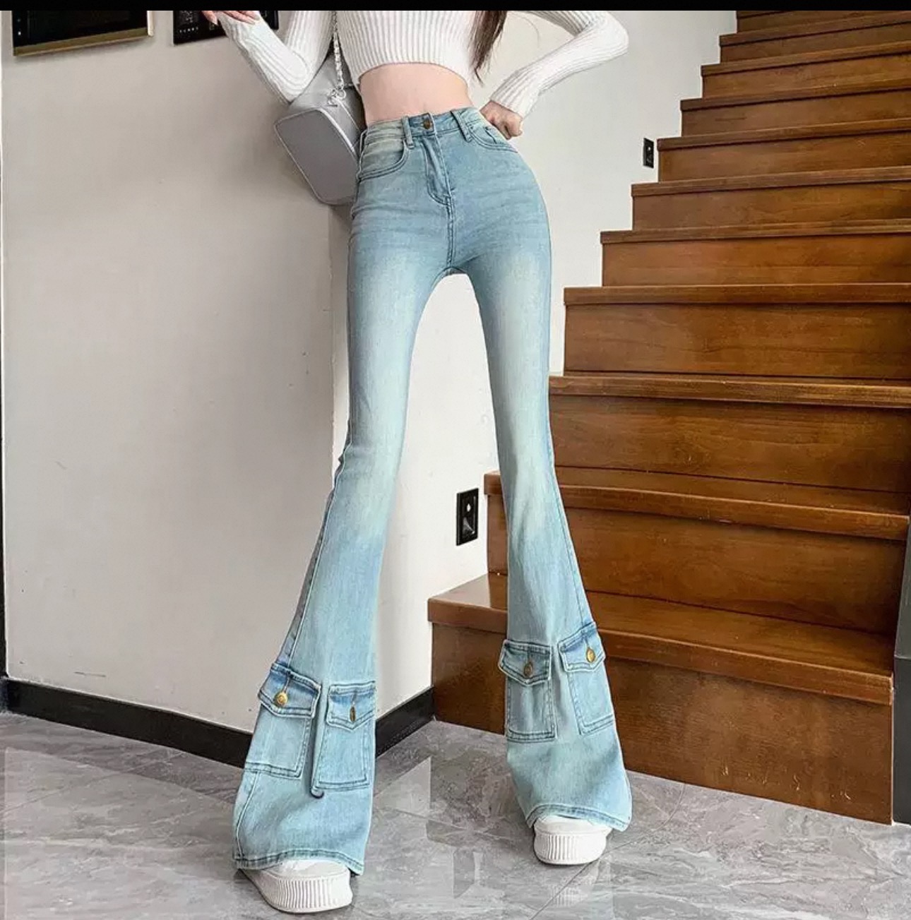 106cm高个子2025春季复古高腰前口袋微喇叭牛仔裤牛仔喇叭裤