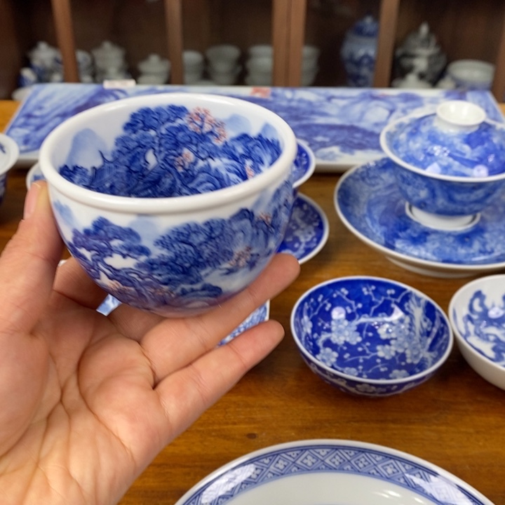 瓷片青花手绘山水缸杯