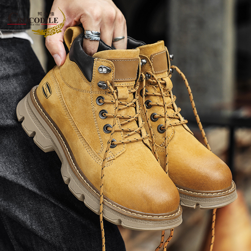 鳄鱼恤美式复古大黄靴男冬季防水高帮马丁靴厚底工装登山大头短靴