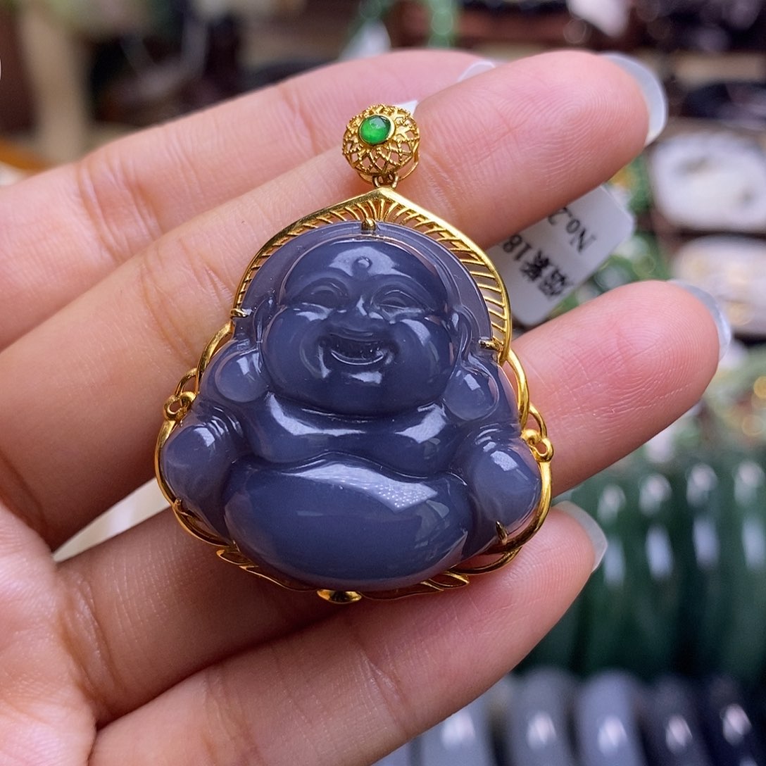 颈饰未镶嵌和田玉毕业级老坑料高冰浓烟紫金镶佛公吊坠