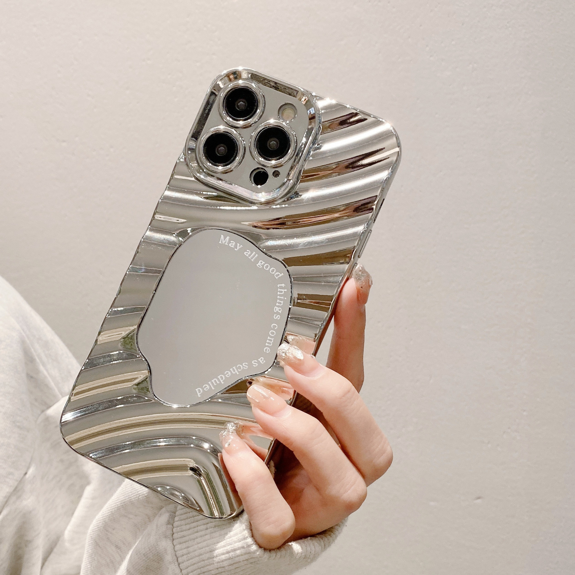 适用苹果16PRO波浪镜子电镀手机壳iPhone12/11银色全包防摔保护套