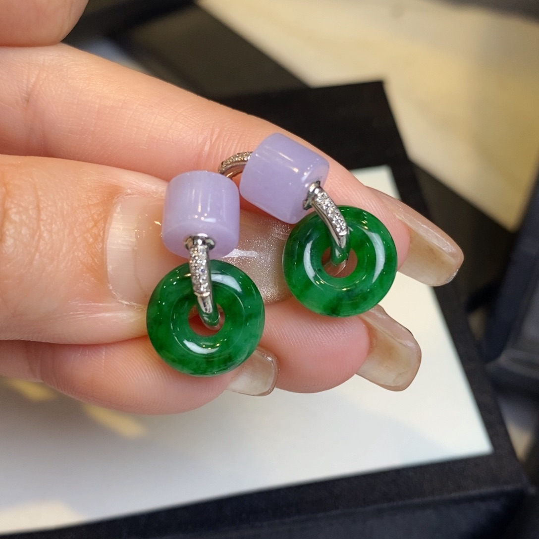 翡翠耳饰18K金镶嵌冰紫小桶珠耳扣➕甜甜圈