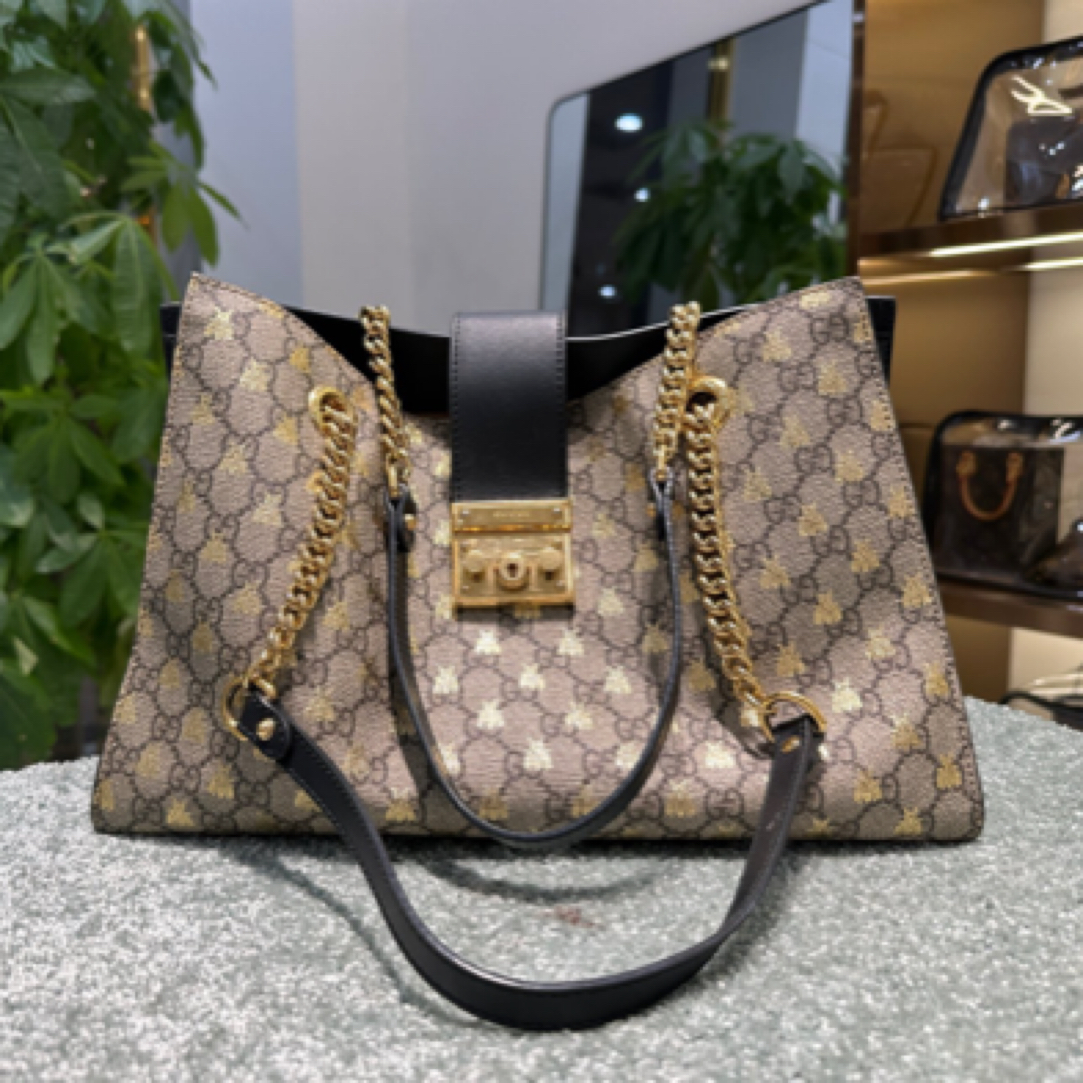 99新 GUCCI/古驰 烫金蜜蜂中号棕色涂层帆布老花蜜蜂
