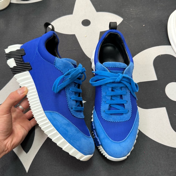 99新 Hermes/爱马仕 42.5码/蓝色麂皮拼接网面编织运动鞋