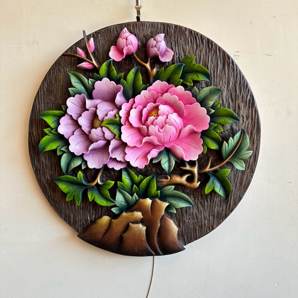 纯手工雕刻彩绘木雕，唯美新中式现代家居壁饰，规格50-50-5cm