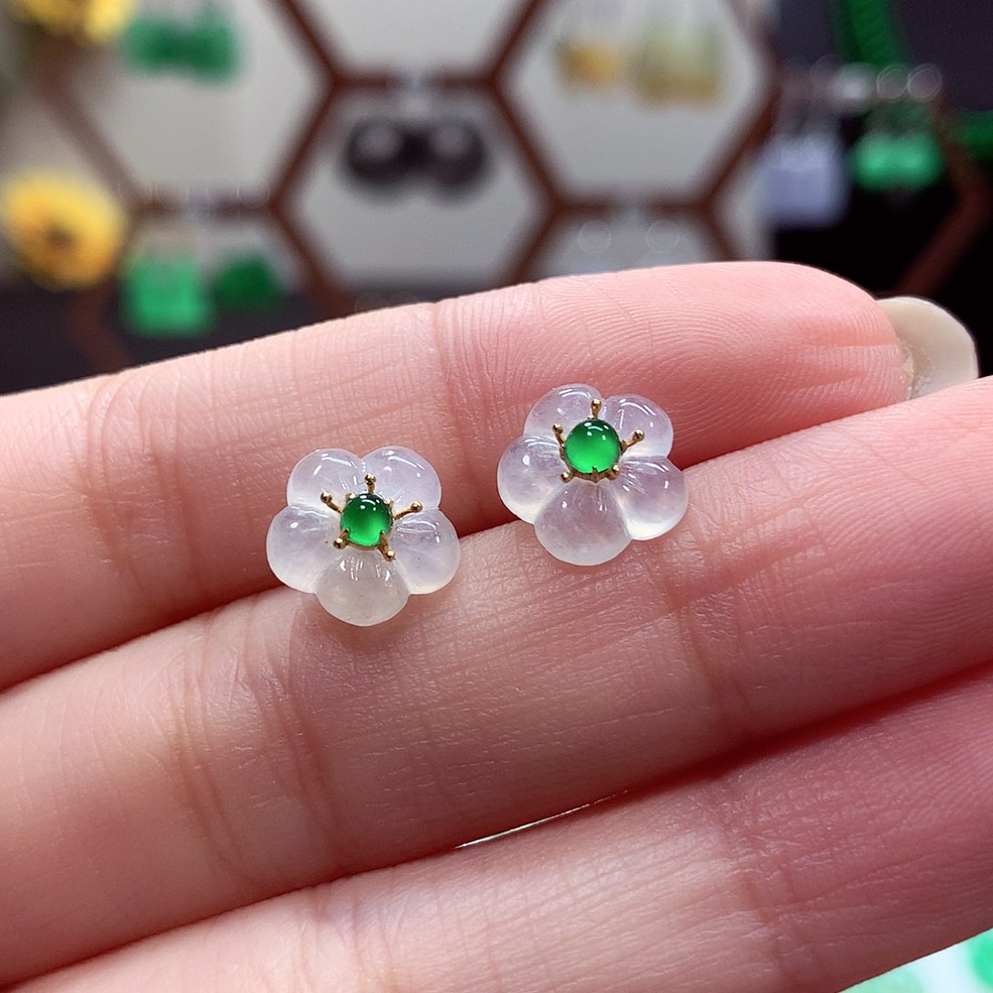 翡翠耳饰18K金镶嵌天然翡翠