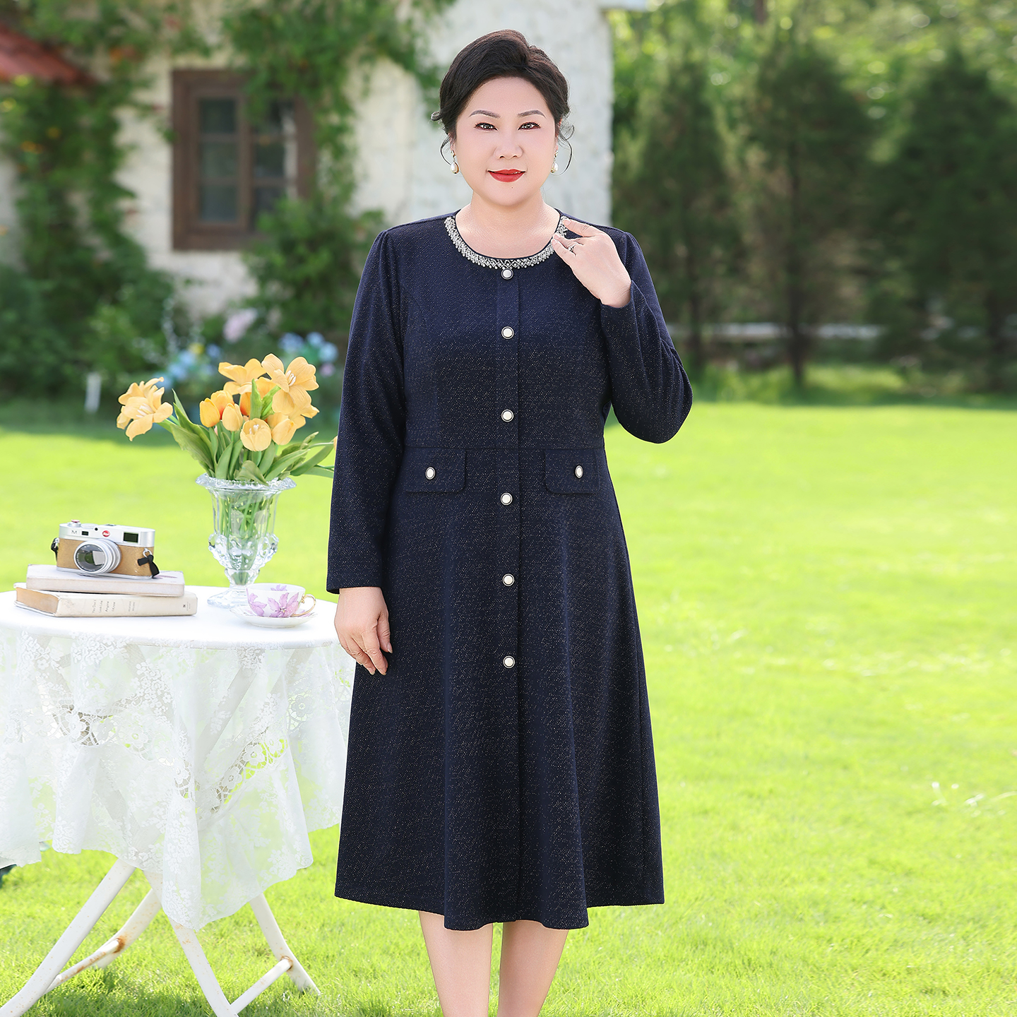 妈妈秋装新款连衣裙大码时尚高贵气质中年女士显瘦显高洋气a字裙