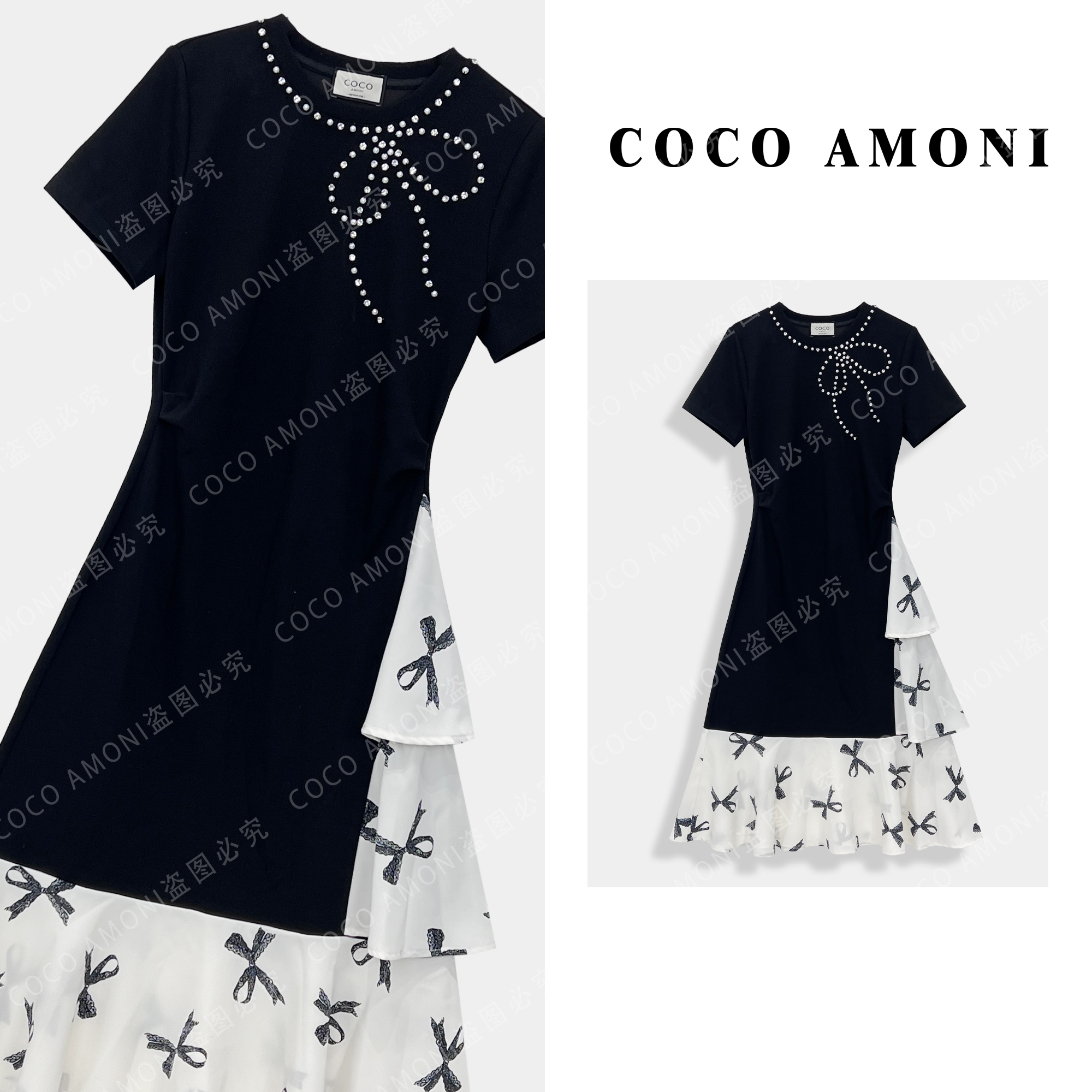 夏日轻奢时尚新款女装拼接亮钻蝴蝶结显瘦气质连衣裙ZC724