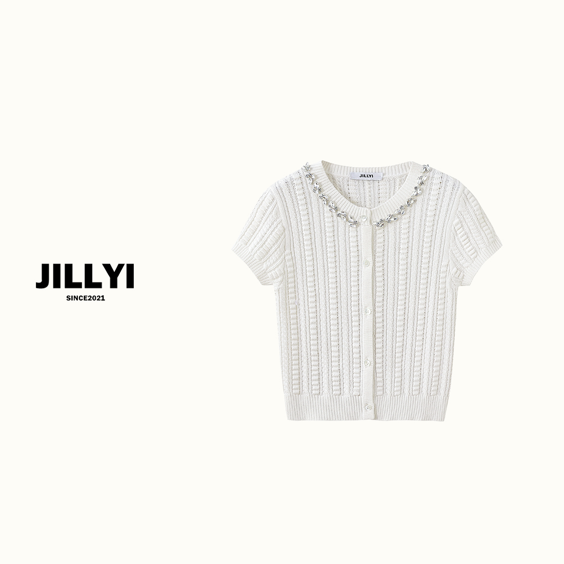 JILLYI南山店【白皮书】白色圆领领口手缝钻石轻奢百搭针织开衫洋气