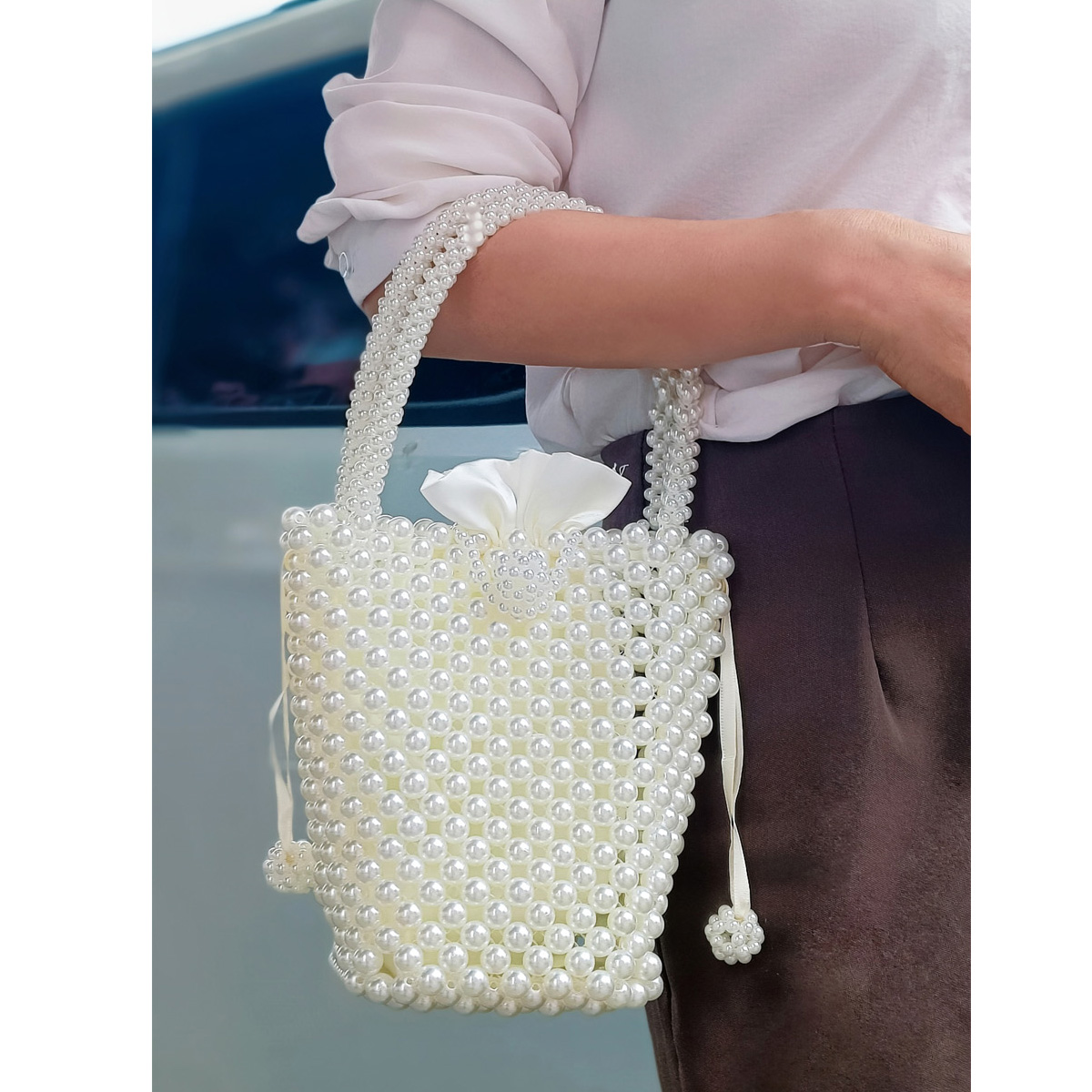 手工串珠水桶珍珠包夏季时尚白色小众编织小香风手提包百搭