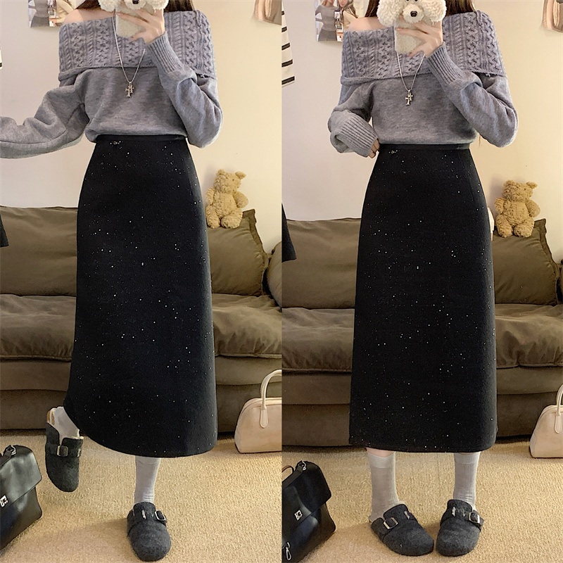 大码梨形身材长款毛呢半身裙女秋冬开叉A字直筒裙黑色闪闪中长裙