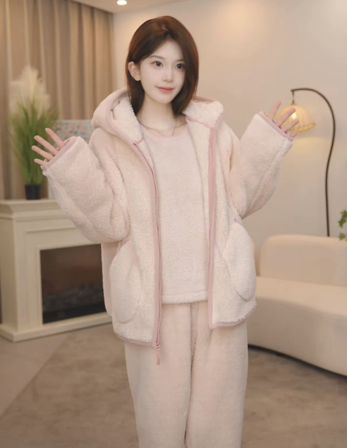 【粉晴帽子款圆口袋】3件套冬季加绒加厚保暖睡衣套装可外穿超厚