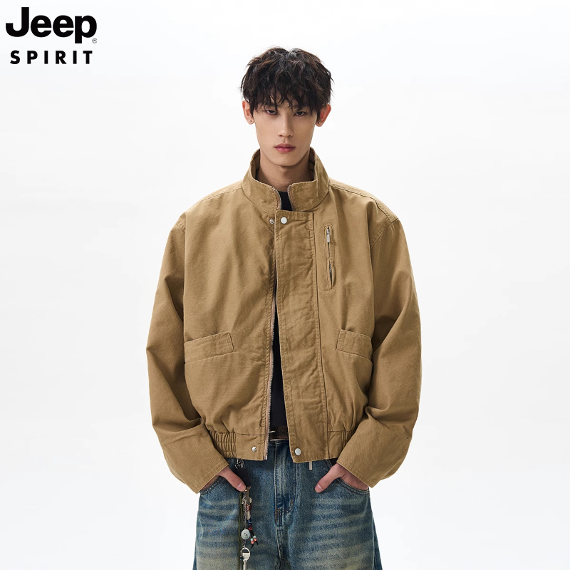 JEEP吉普美式复古流光风短款夹克男士春秋季立领休闲潮流工装外套