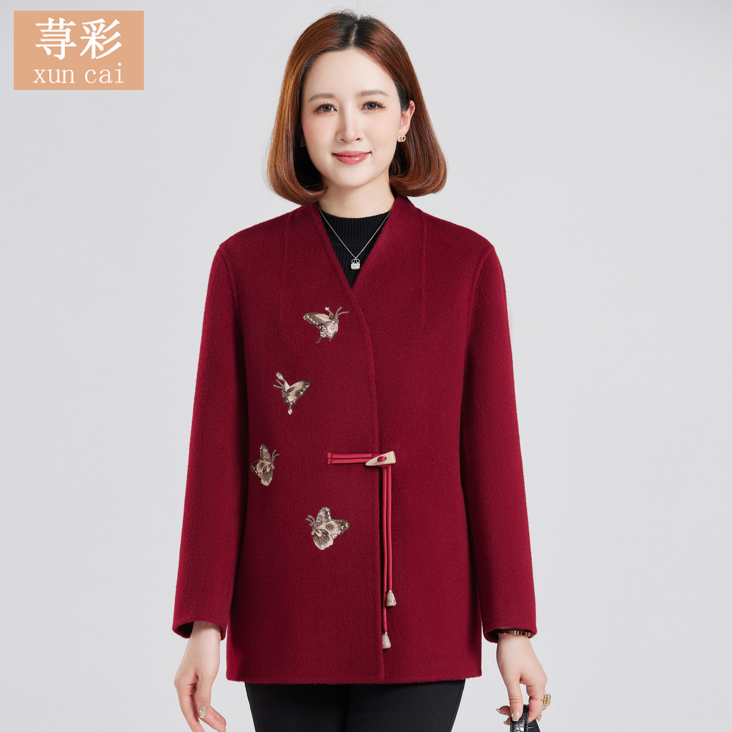 中老年新款双面羊毛大衣女新中式高贵时尚气质短款毛呢秋冬外套