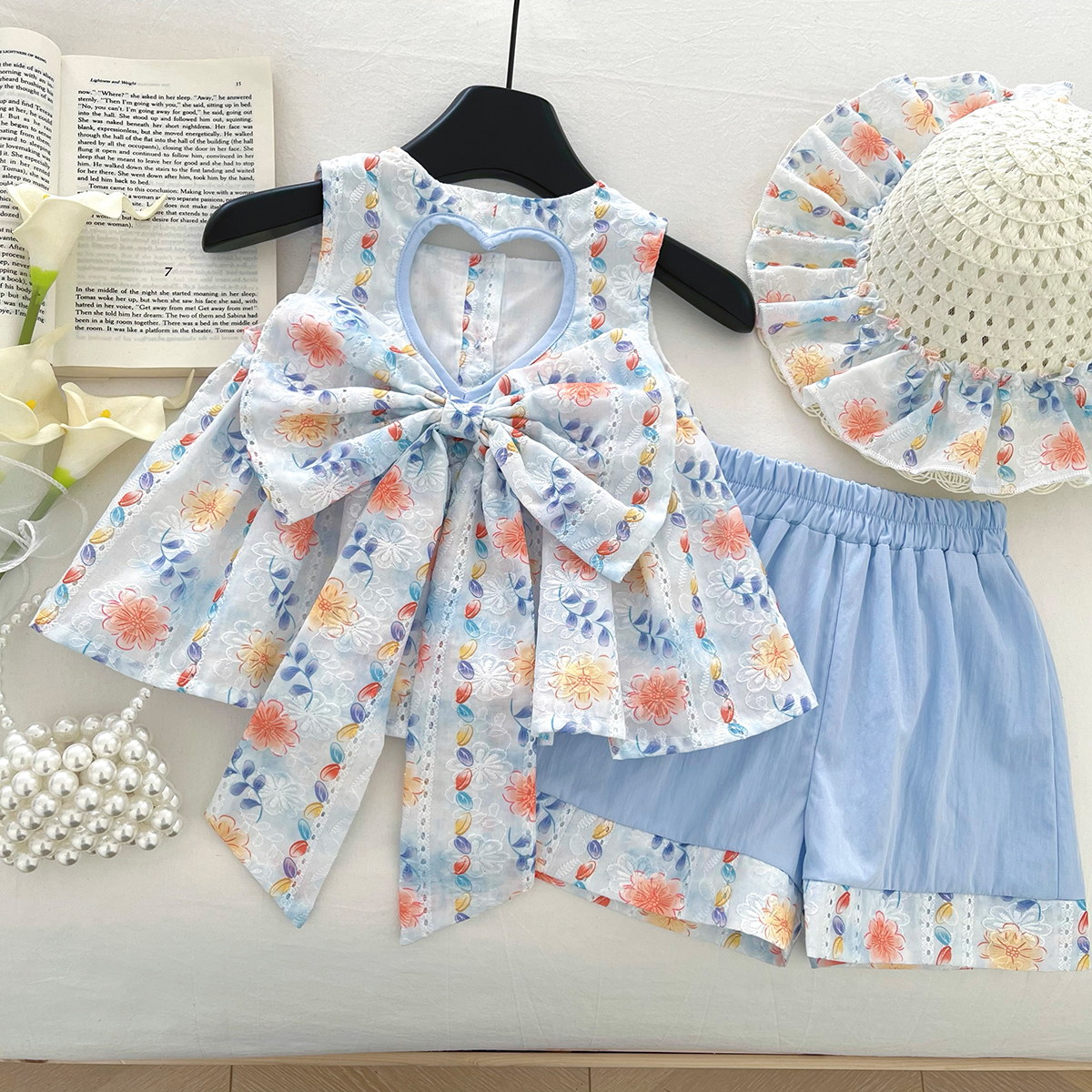 【彩】碎花夏季女宝公主风纯色套装森系薄款民族风休闲女童SA30361