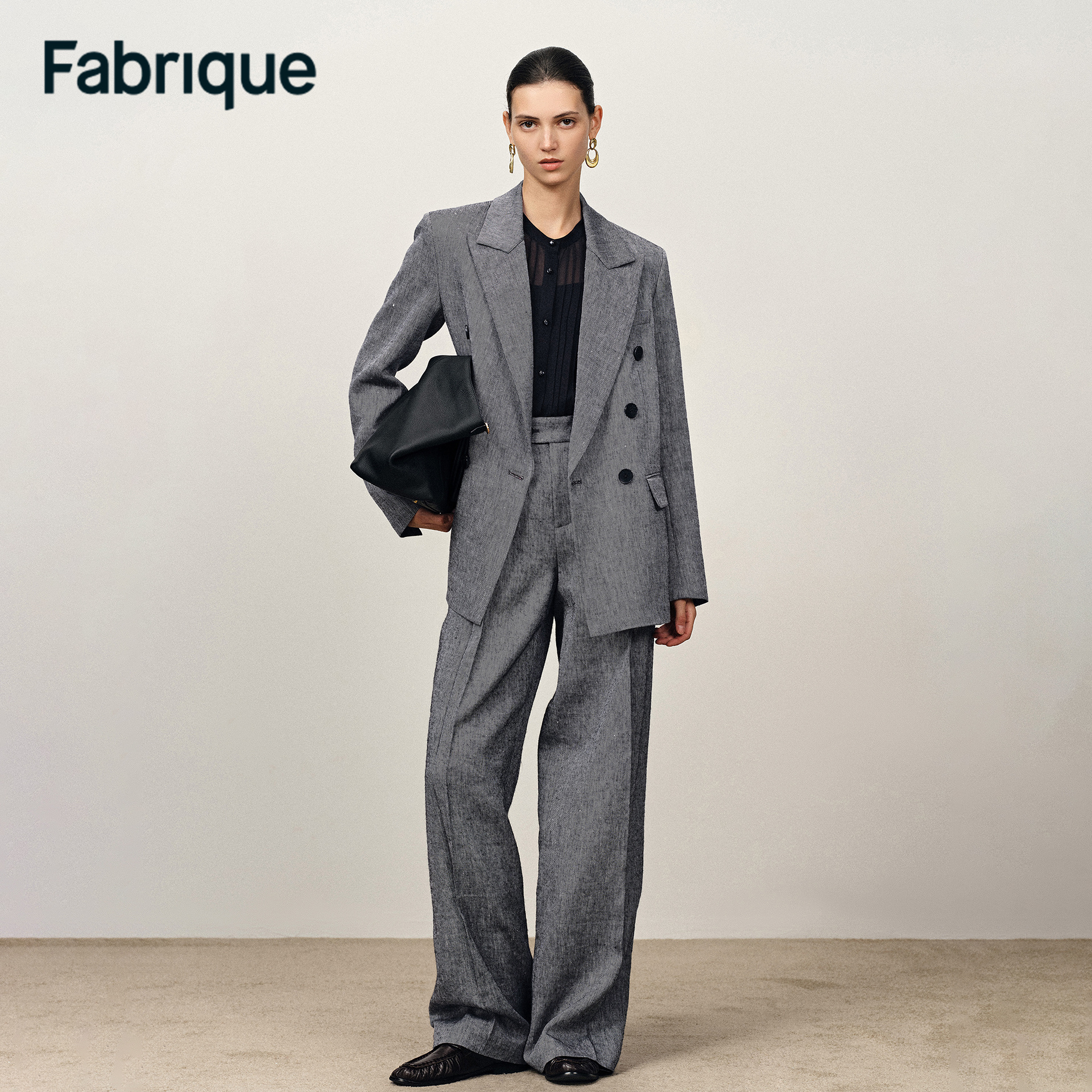 Fabrique Lillian 秋冬月岩灰绵羊毛亚麻交叠戗驳领宽肩西装外套