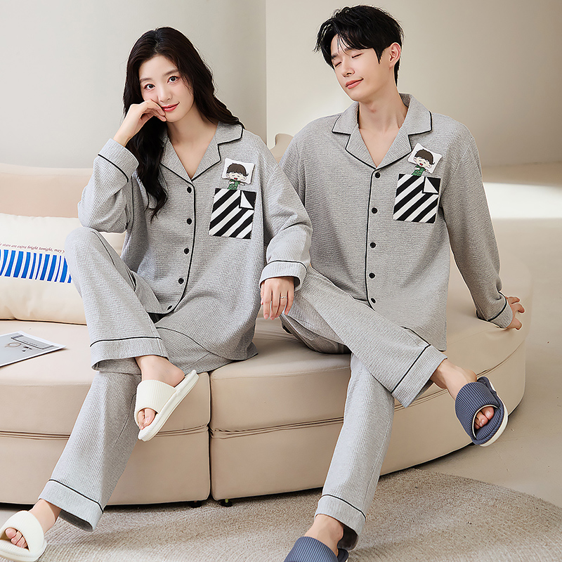 华夫格双面纯棉情侣睡衣男秋款长袖春秋季大码秋款女士家居服套装