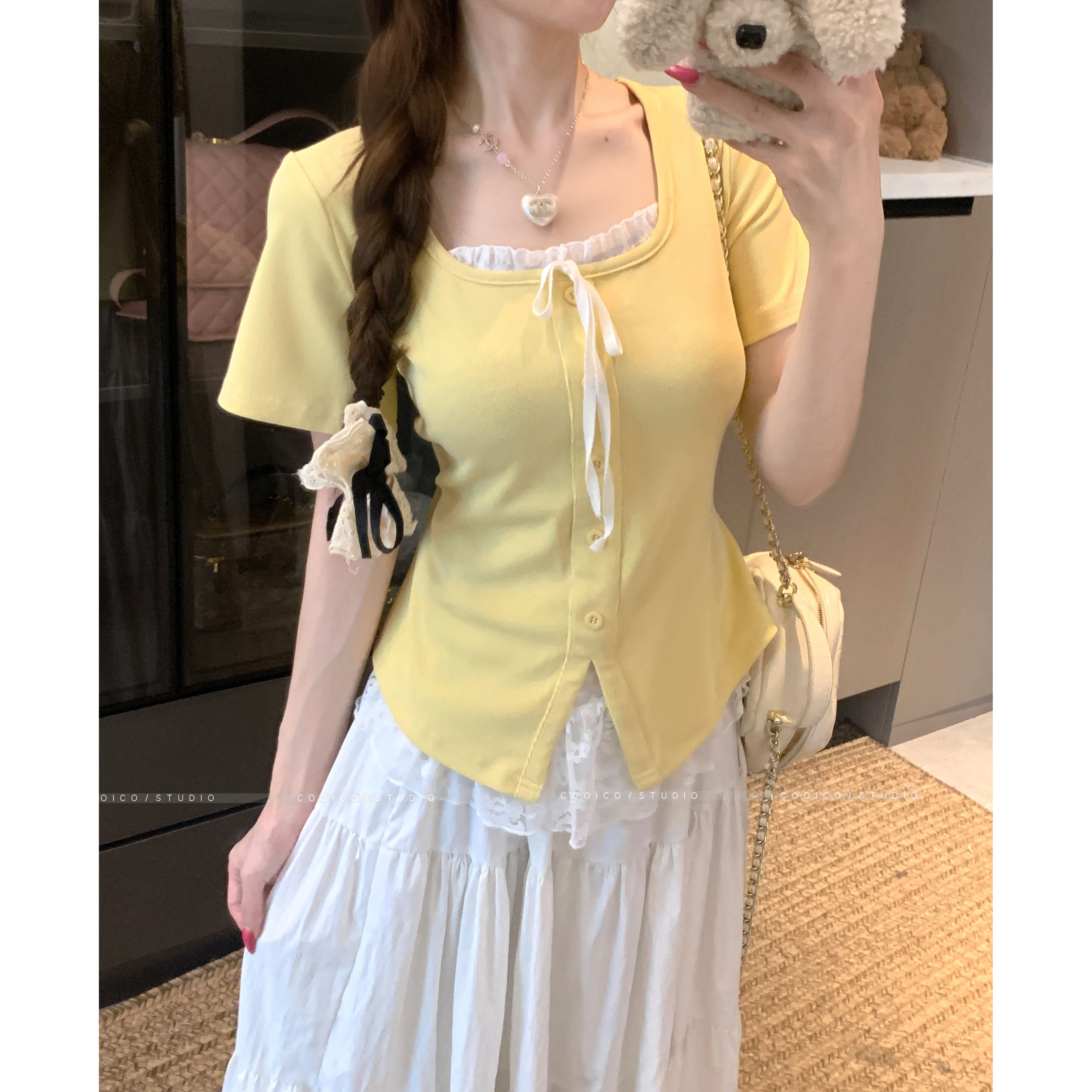 【贝蒂】大码女装胖mm新款设计感假两件拼接蝴蝶结上衣蕾丝边T恤