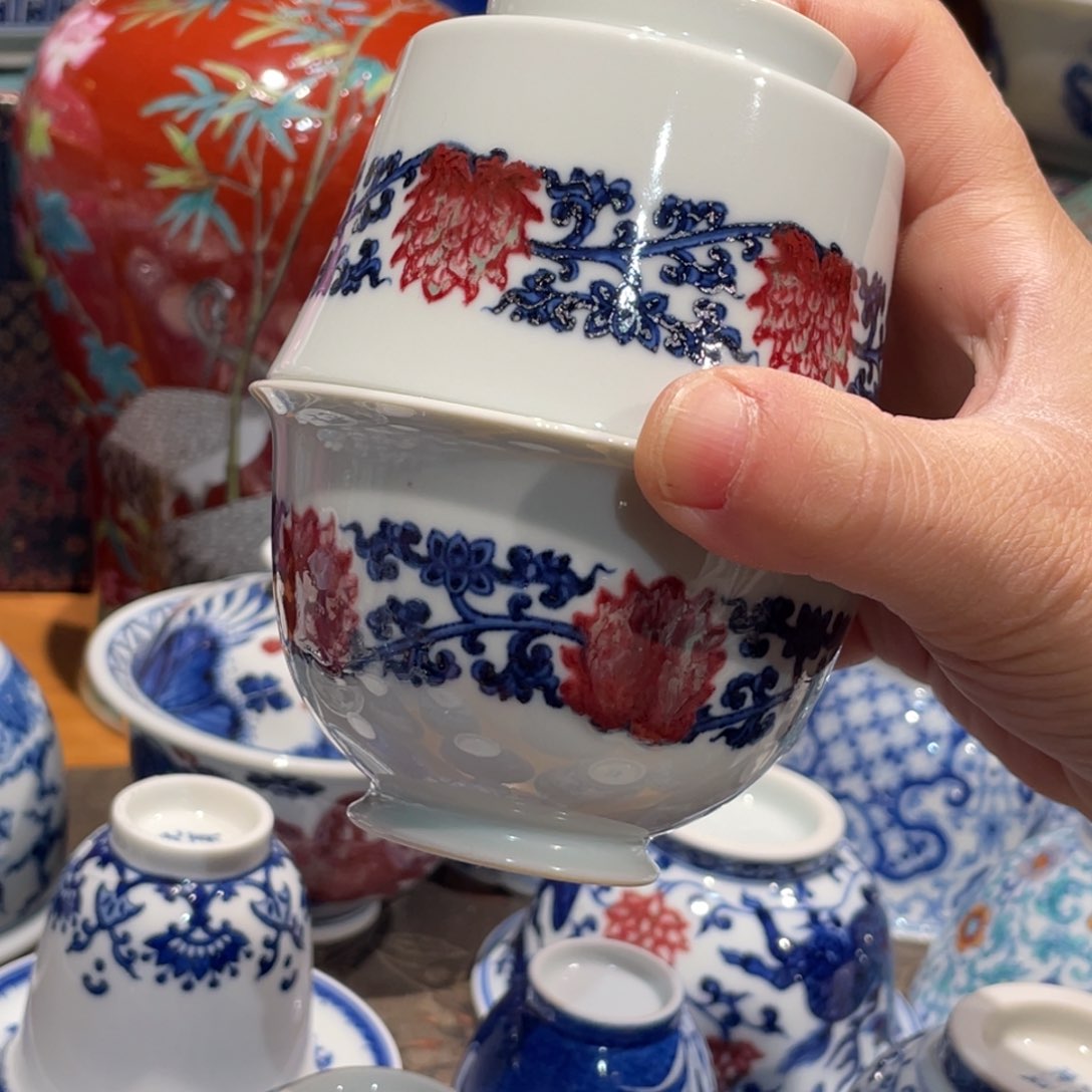 杯田*森釉里红盖碗加杯