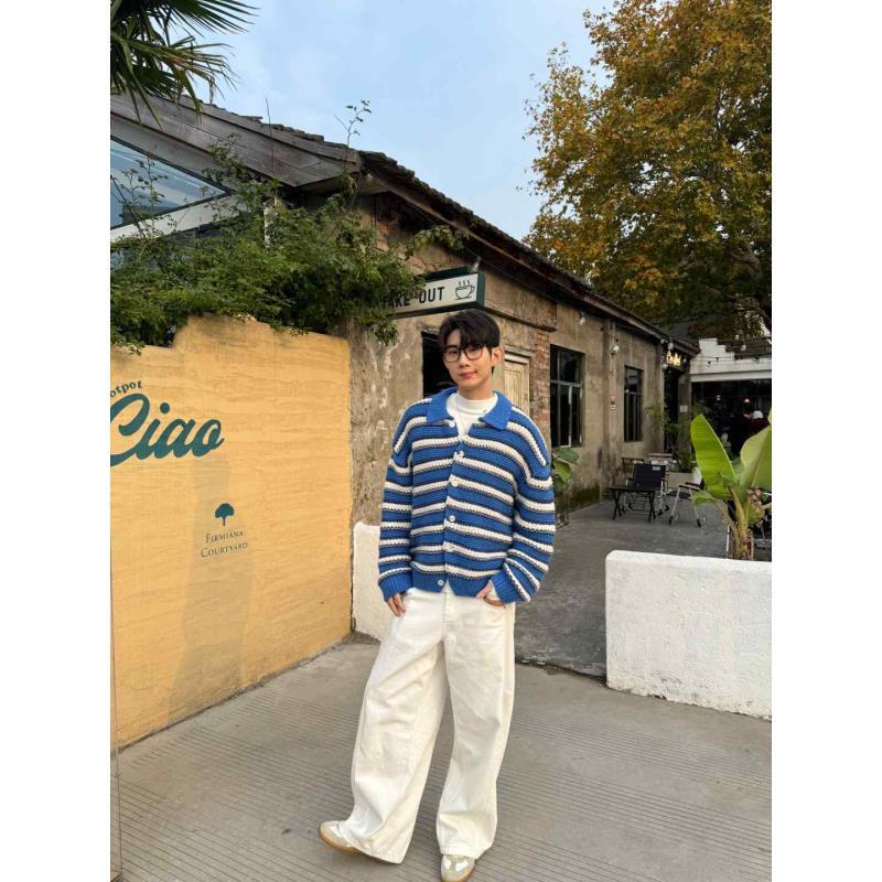 【蓝得清新】撞色条纹cleanfit羊毛领开襟针织宽松翻领开衫男女同款