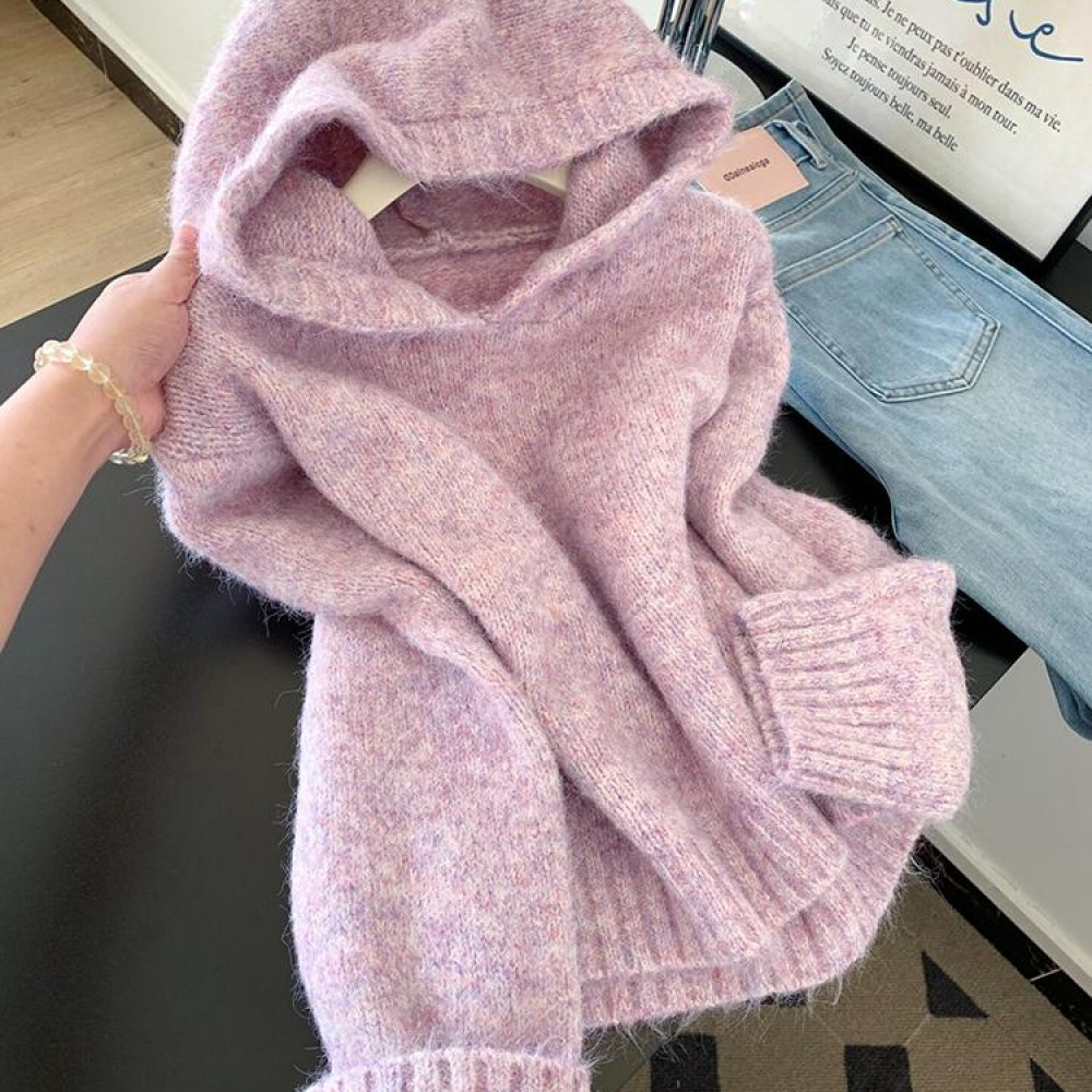 慵懒风针织秋冬花纱粉紫色连帽套头毛衣女韩版减龄针织上衣*914