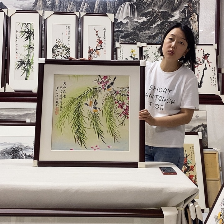 国画手绘带框发货65×65