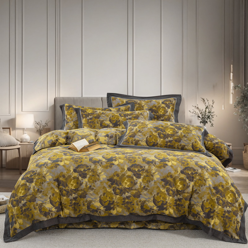 蓝瑞水墨丹青A类全棉色织提花双层纱四件套透气吸汗柔软亲肤四季