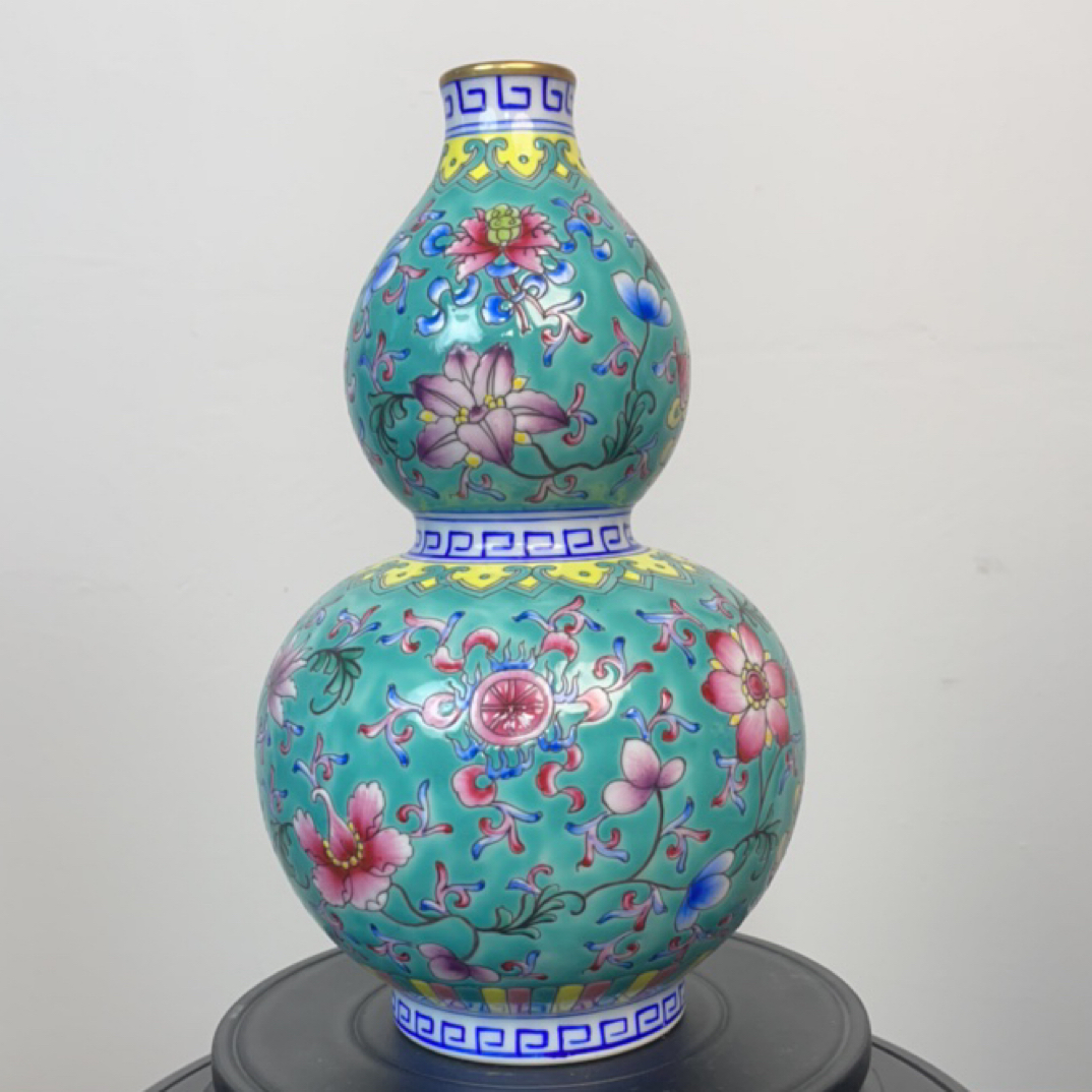 手绘珐琅彩松石绿葫芦瓶瓷器客厅博古架装饰品摆件高23公分肚径14