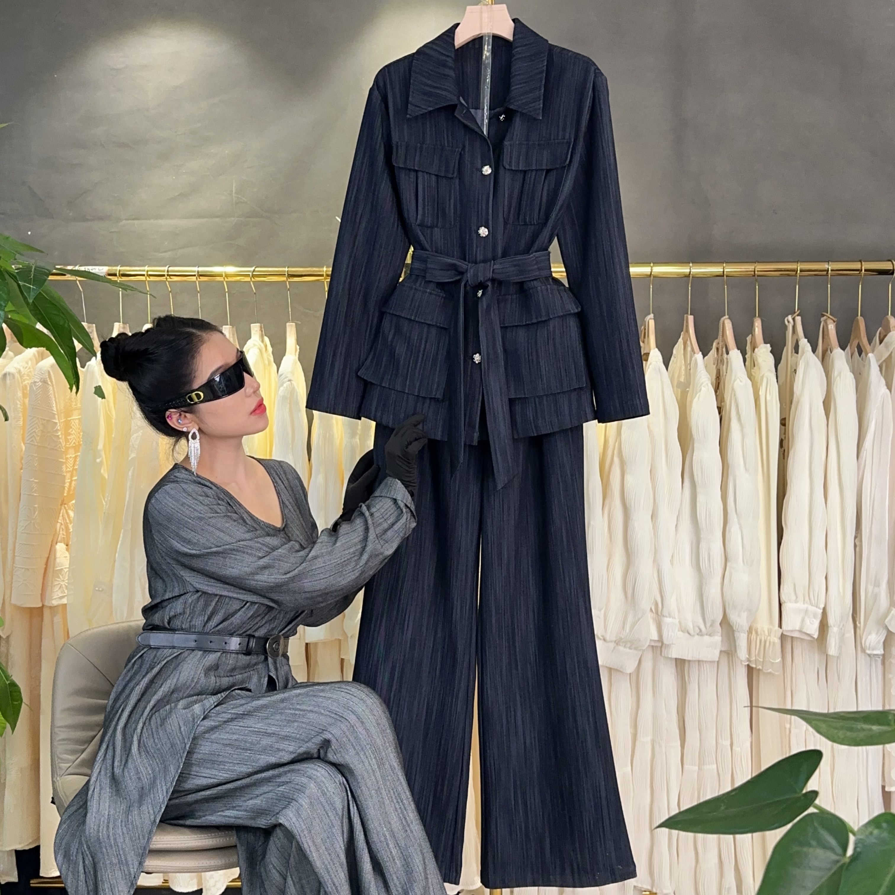 W106 秋季新款通勤polo领衬衫外套休闲裤两件套