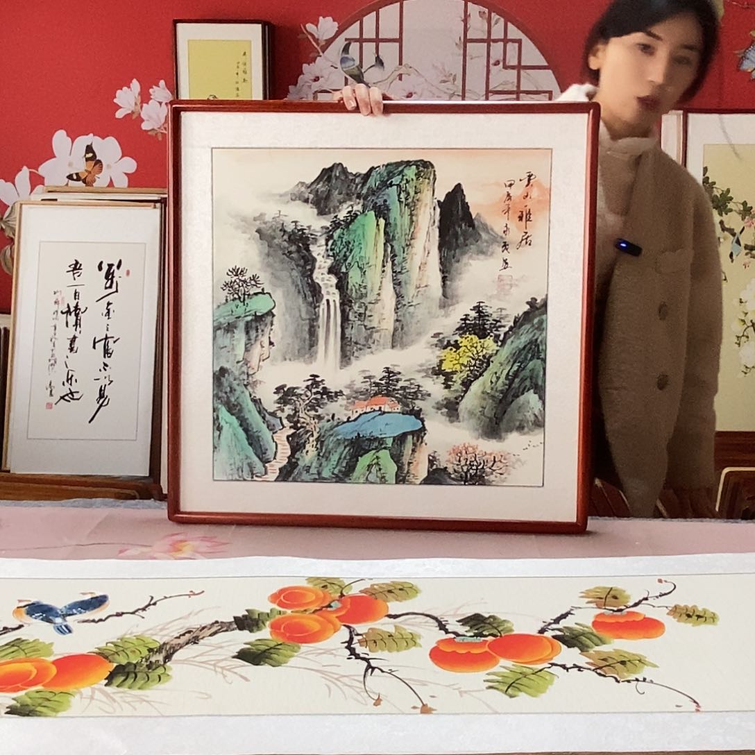 国画手绘带框包邮