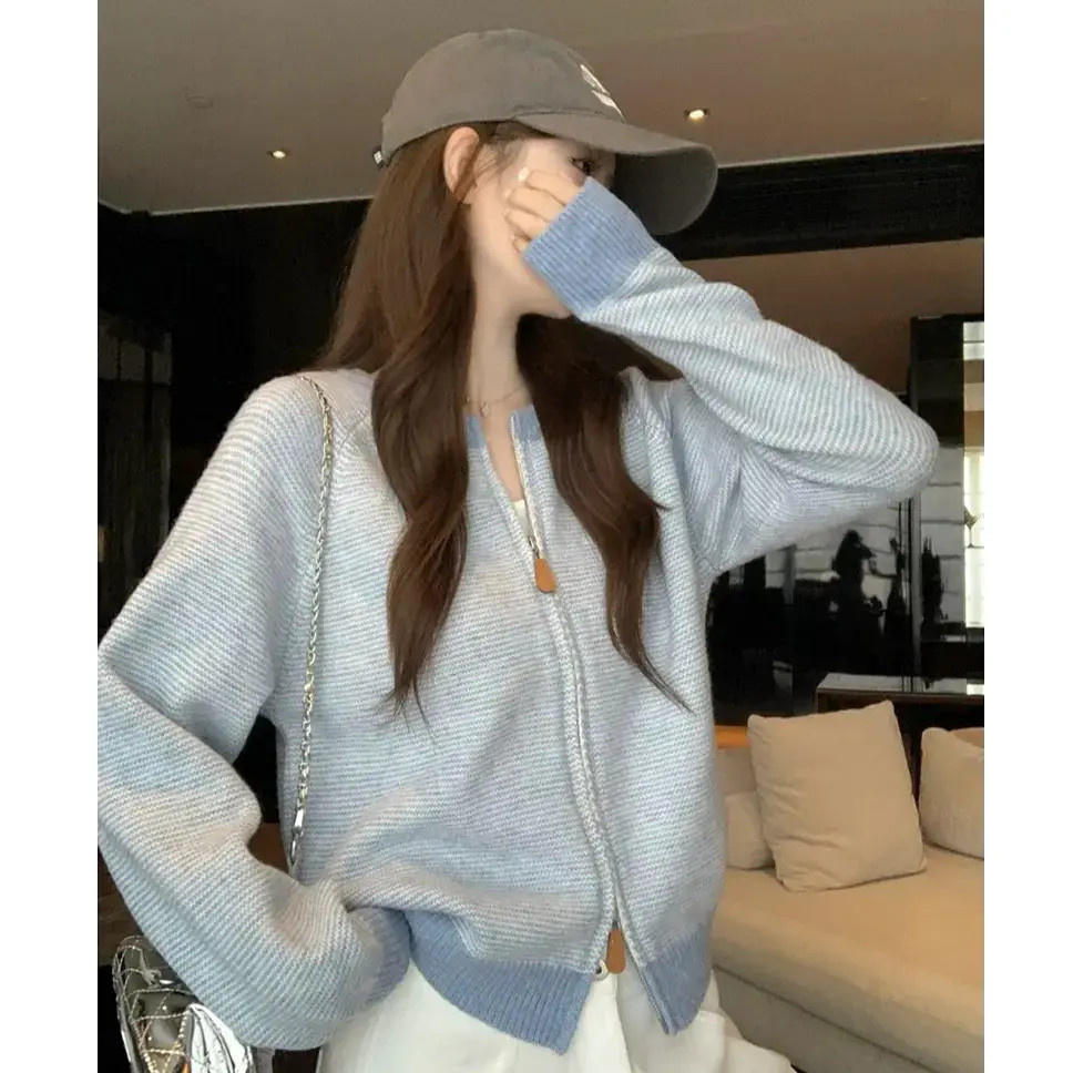 韩系时髦撞色条纹圆领针织开衫毛衣外套女秋冬通勤拉链高级感上衣