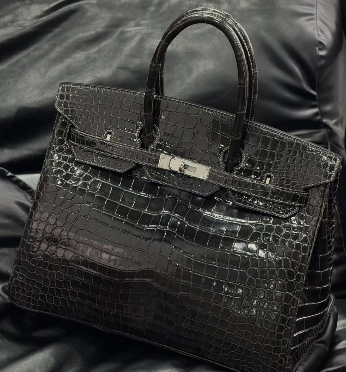 99新 Hermes/爱马仕 birkin35石墨灰银扣亮面倒V 框G刻