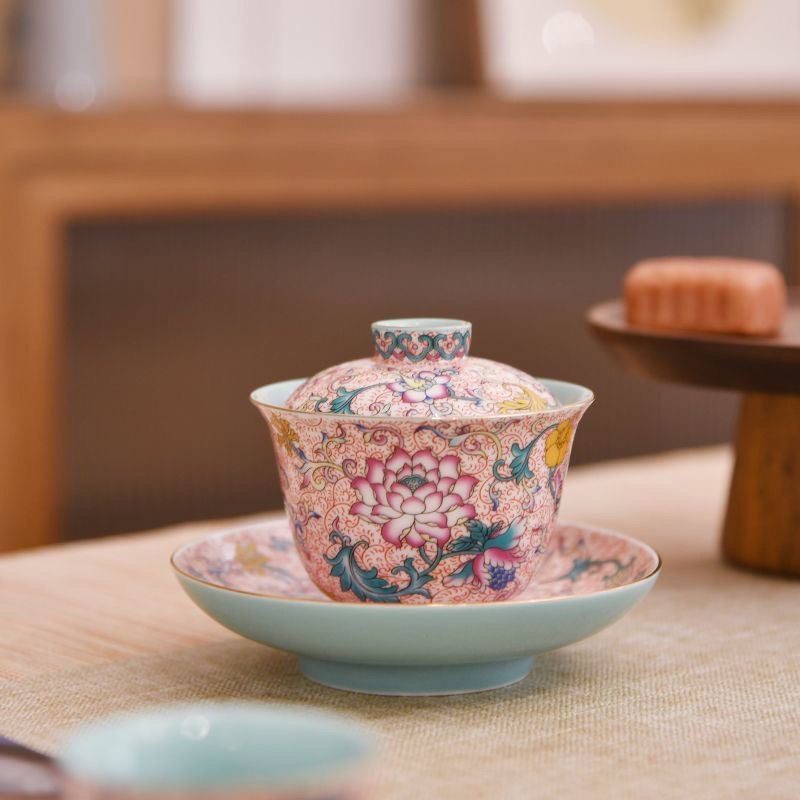 珐琅莲韵三才盖碗珐琅彩缠枝（粉）蝶恋花陶瓷宫廷风茶盖碗盖碗茶具