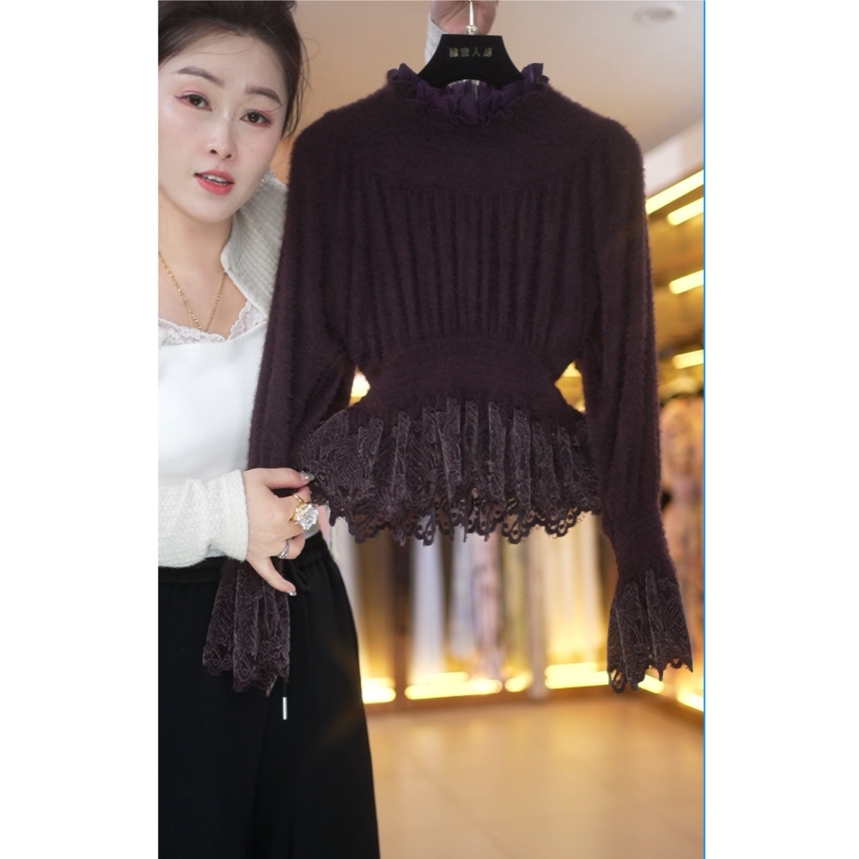 【娟专属】鸢尾紫法式蕾丝拼接气质优雅上衣A055-4