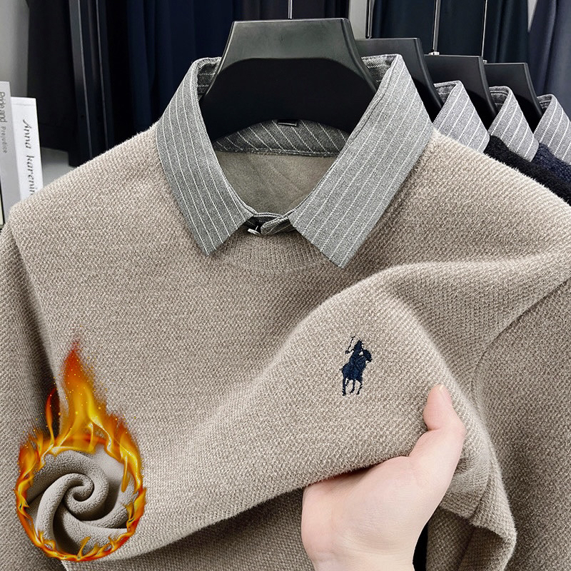 【加绒加厚】男士冬季商务休闲长袖假两件纯色针织衫衬衫领保暖上衣