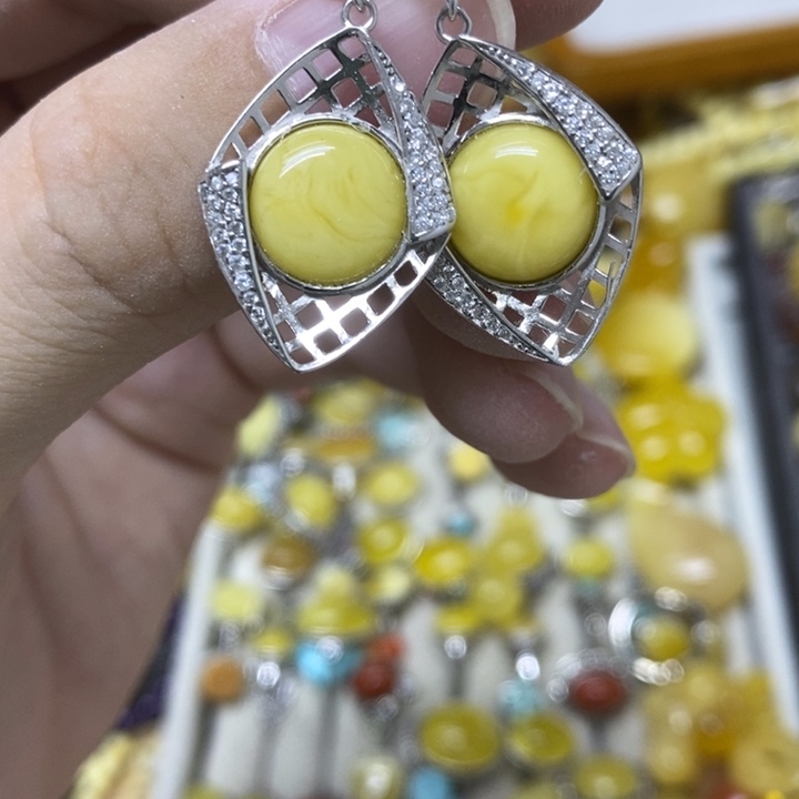 蜜蜡银S925镶嵌裸石耳钉