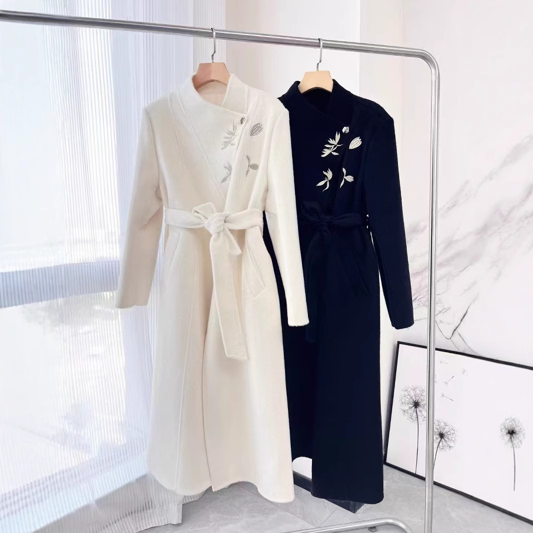 国风立领新中式刺绣双面羊毛大衣女秋冬长款显瘦中国风女装88628