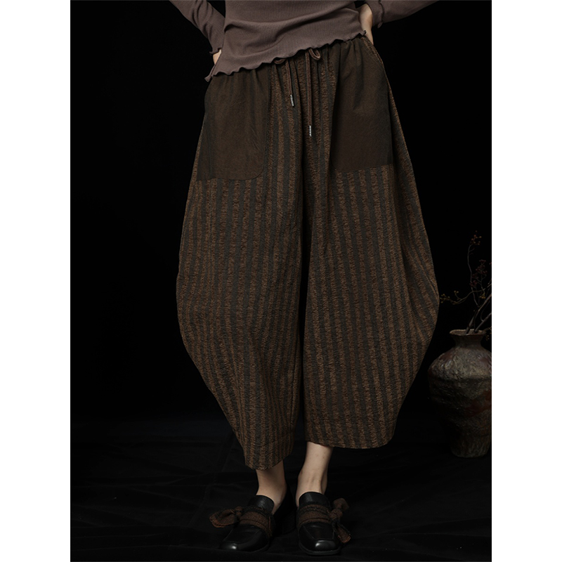 XiANJiE复古条纹花苞休闲裤女秋冬季系带松紧腰宽松九分裤