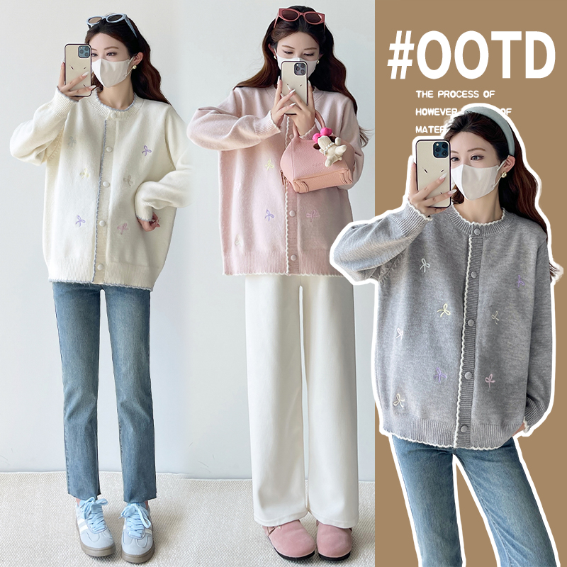 孕妇装刺绣针织开衫外套秋冬春秋2025新款慵懒软糯宽松外穿上衣冬