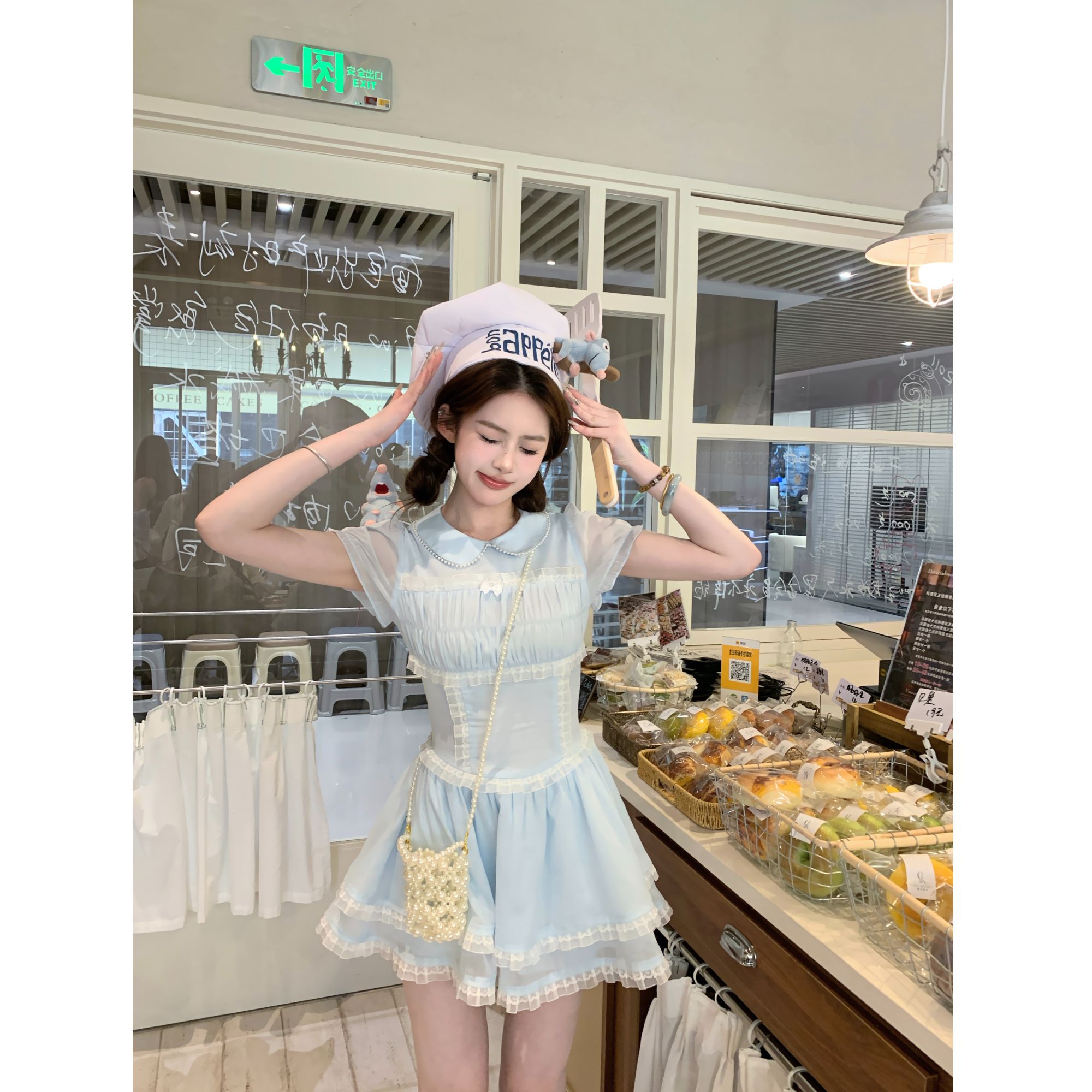 麻吉麻吉mochi【薄荷蛋糕】娃娃领泡泡袖连衣裙夏季甜美收腰蛋糕裙