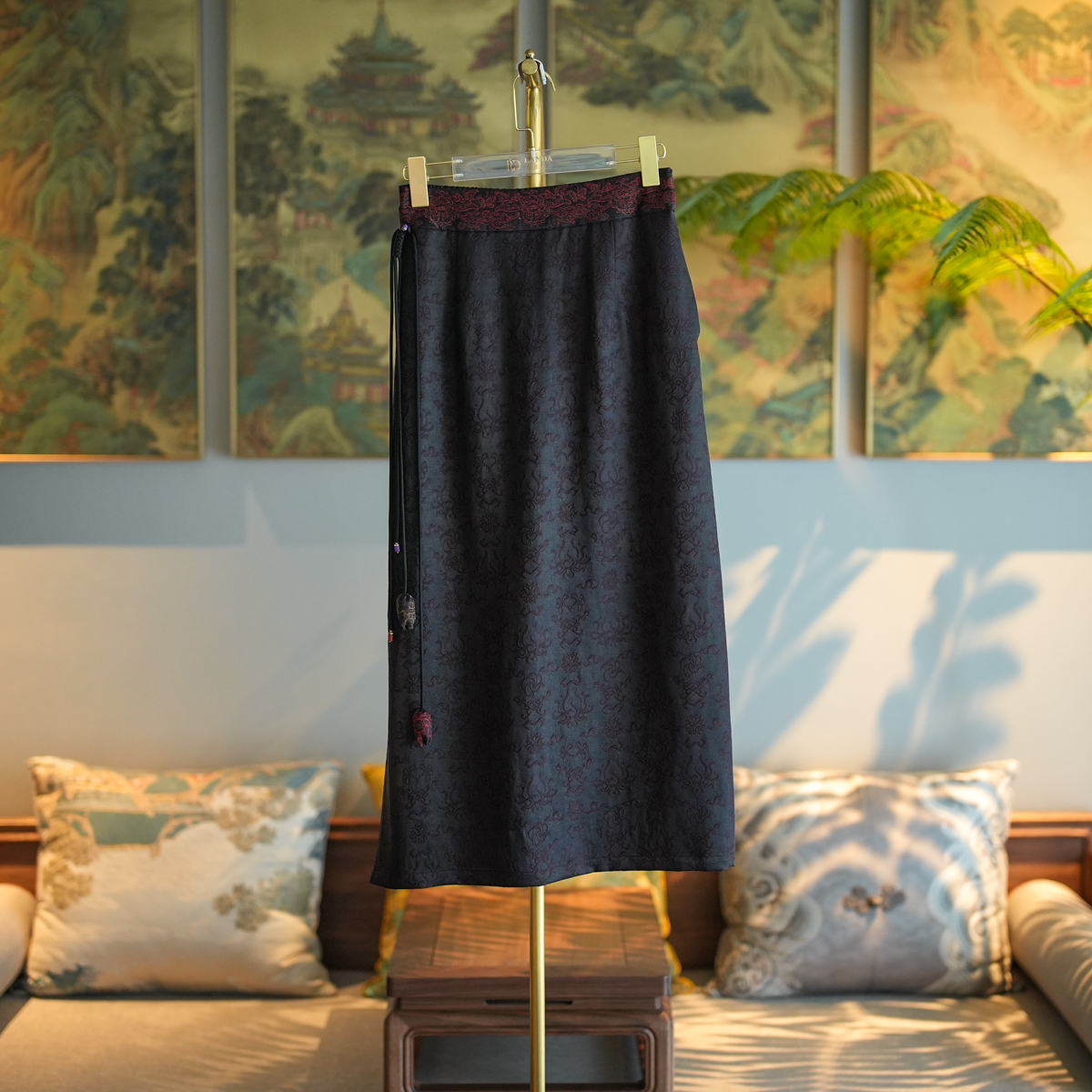 蓝大【素鸢】桑蚕丝流苏半身裙7468