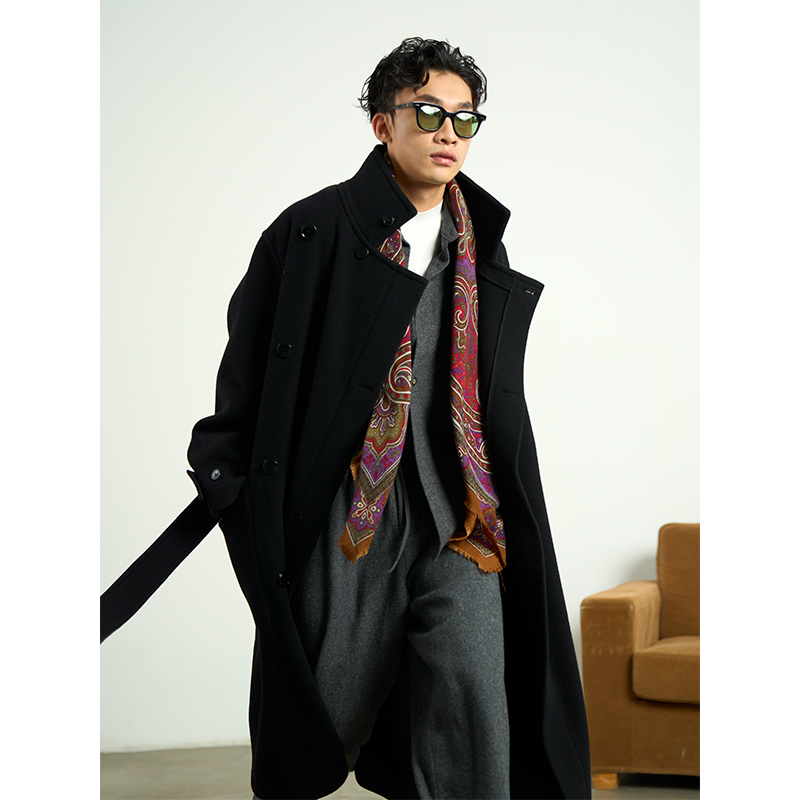 WsAC余三火|蒙田大道 进口高定级100澳毛呢侧扣腰带长款黑大衣