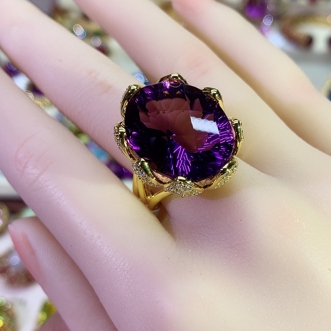 紫晶戒指银S925镀金镶嵌