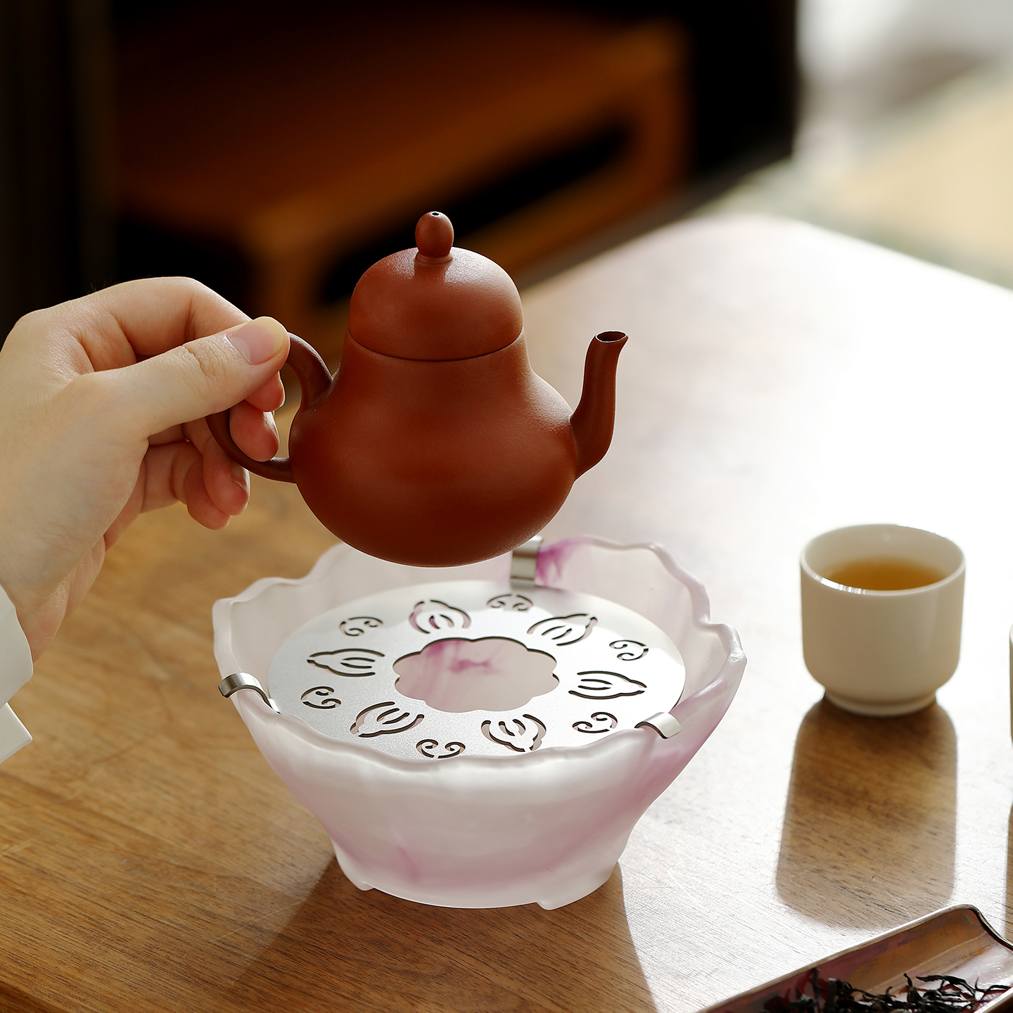 赞朴高颜值粉色琉璃蜡烛温茶炉蜡烛温茶器保温底座暖茶炉茶道配件