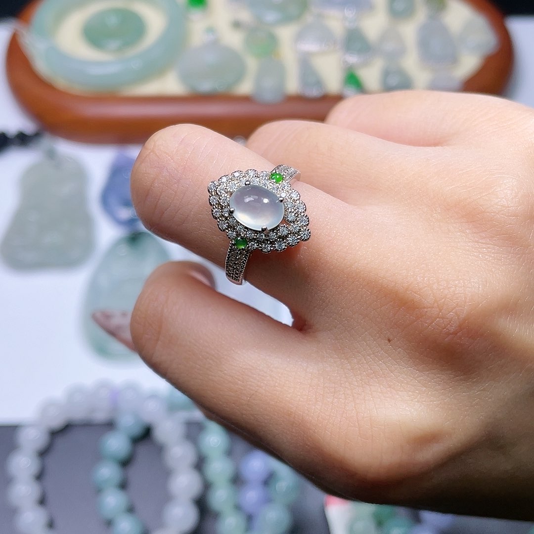 翡翠戒指银S925镶嵌可调节