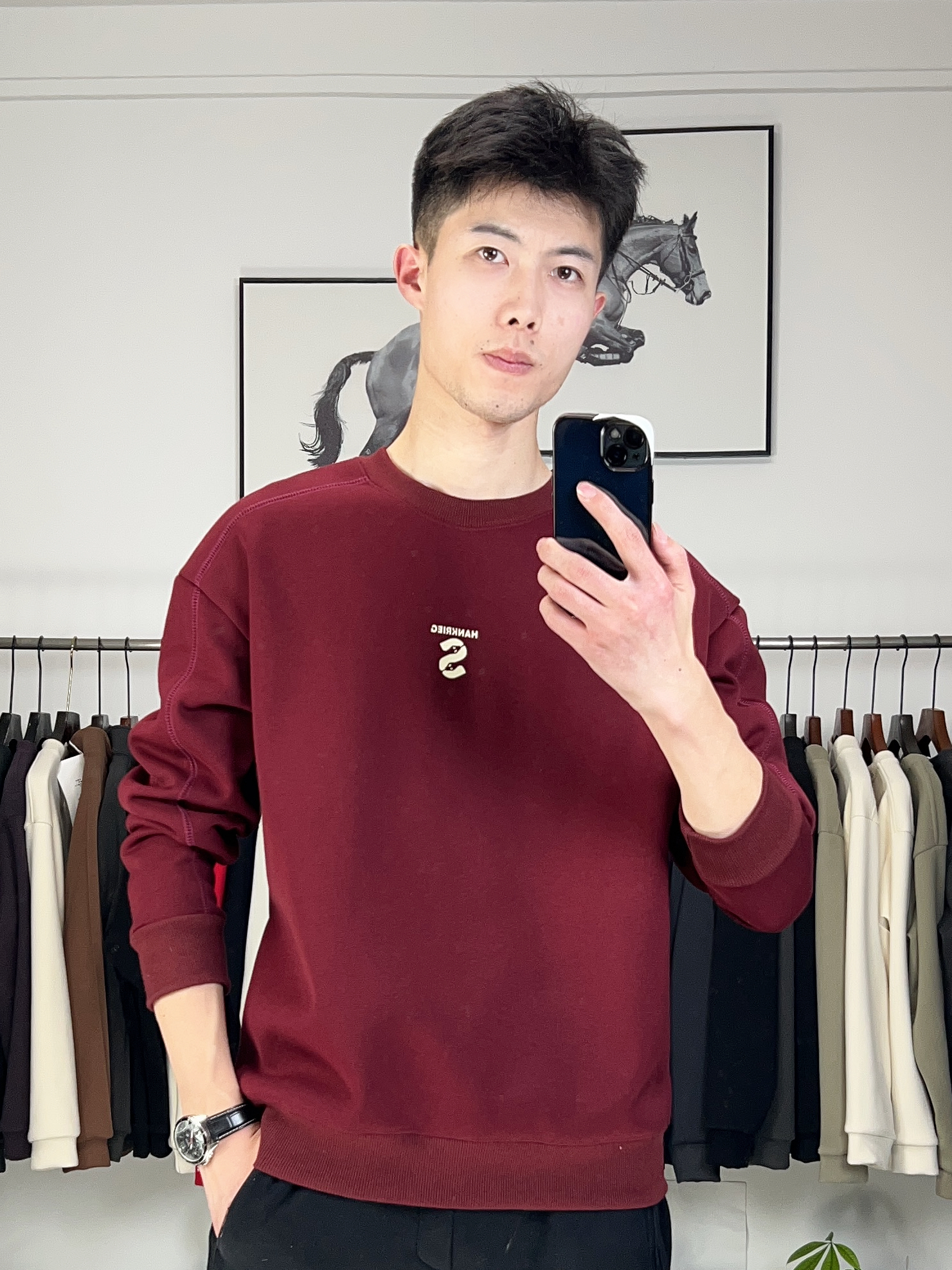 卫衣秋冬圆领拼接套头休闲潮流春季时尚秋季简约男装打底红色