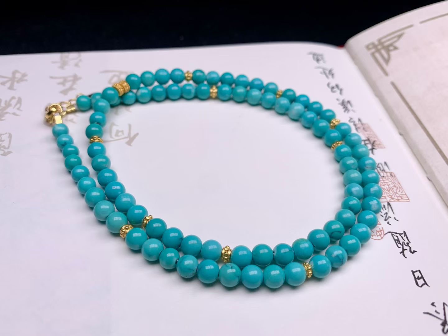 原矿高瓷蓝绿松石圆珠锁骨项链，高瓷高密，料质好，直径5mm+