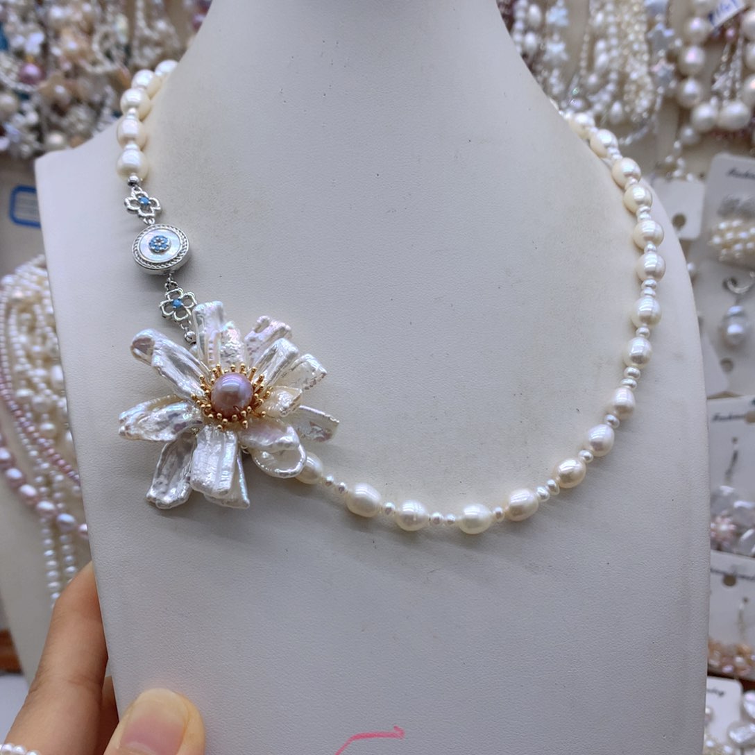 蓝***花合金淡水珍珠项链耳饰