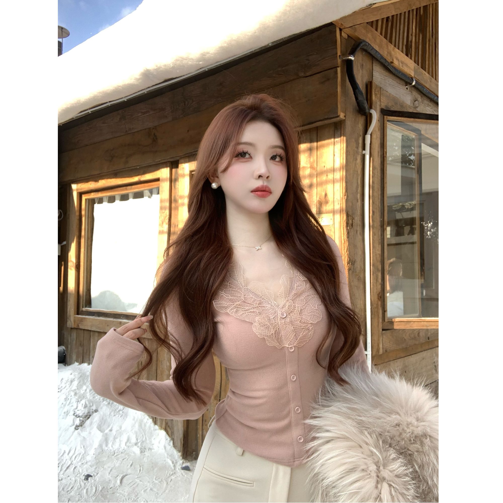 SZA【星河凝落】秋冬新款高级感蕾丝拼接双面磨毛T恤打底衫A-2400