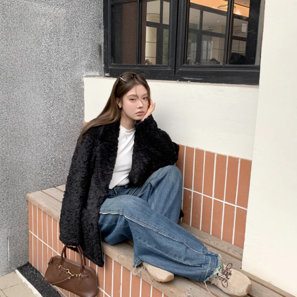 黑色皮毛一体仿貂毛翻领羊羔毛外套女冬加厚毛毛外套宽松新款休闲